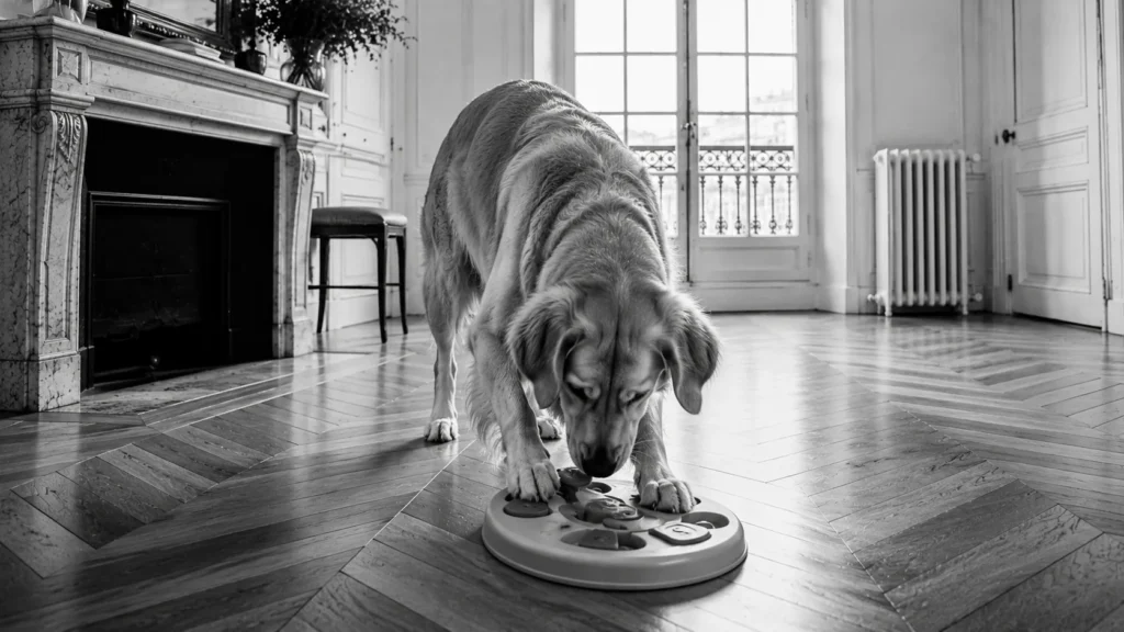 Chien couché occupé à fouiller un tapis olfactif dans un salon, noir et blanc