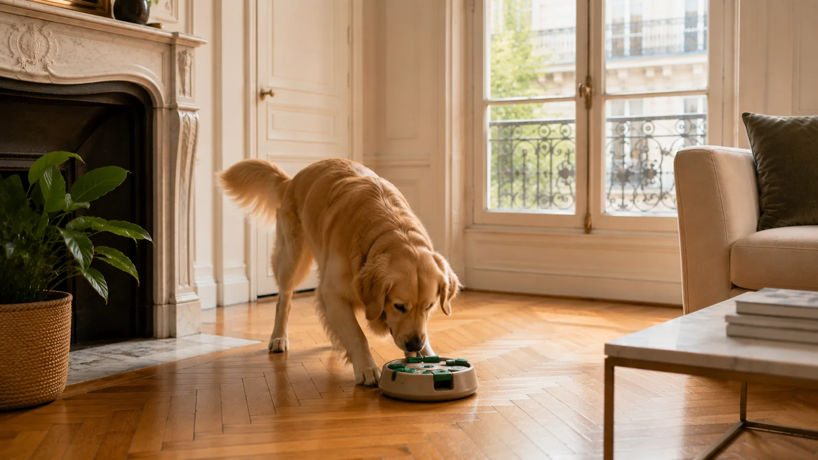 Chien détendu occupé avec un jouet distributeur dans un salon d'appartement