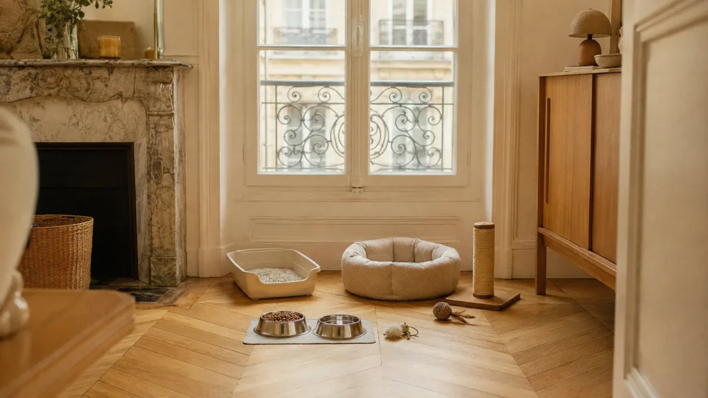 Un coin chat complet et harmonieux dans un petit appartement, chaque objet à sa place, le chat installé