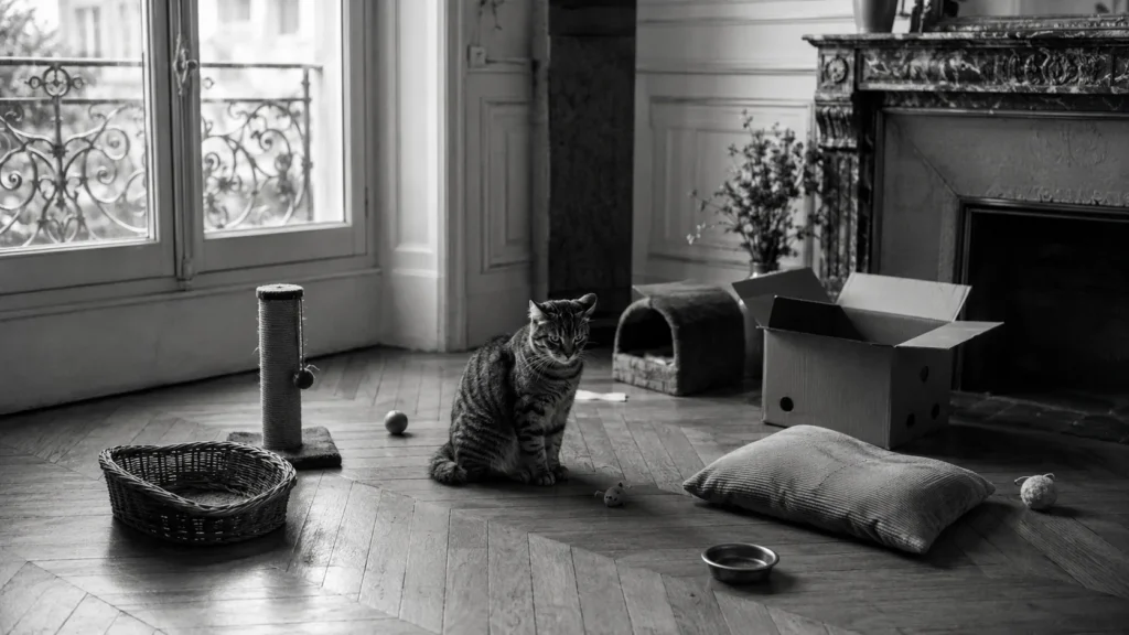 Un coin chat improvisé et en désordre dans un petit appartement, accessoires empilés sans logique, noir et blanc