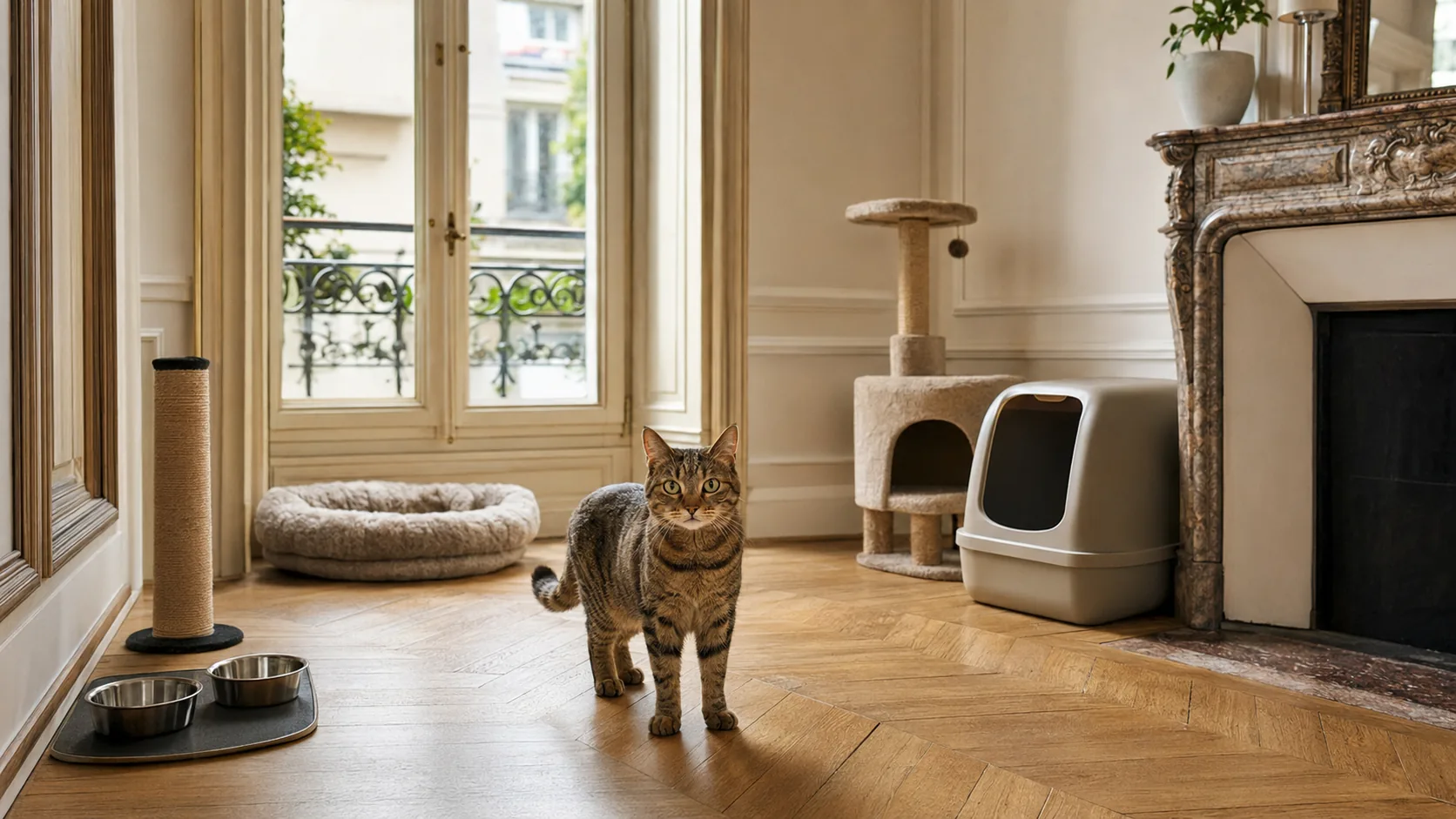 Les indispensables d'un chat disposés dans un petit appartement lumineux, le chat installé au milieu du kit