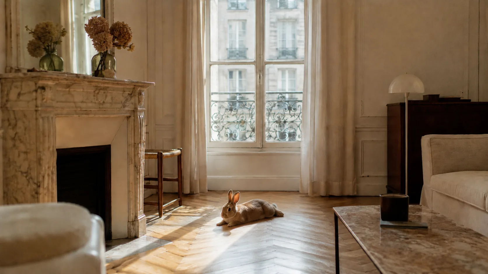 Lapin apaisé, oreilles détendues, dans un coin refuge d'appartement haussmannien