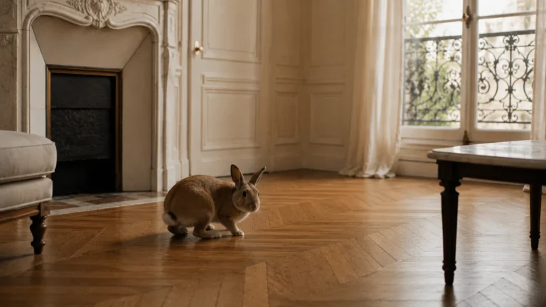 Un lapin sur la défensive, posture tendue, salon haussmannien