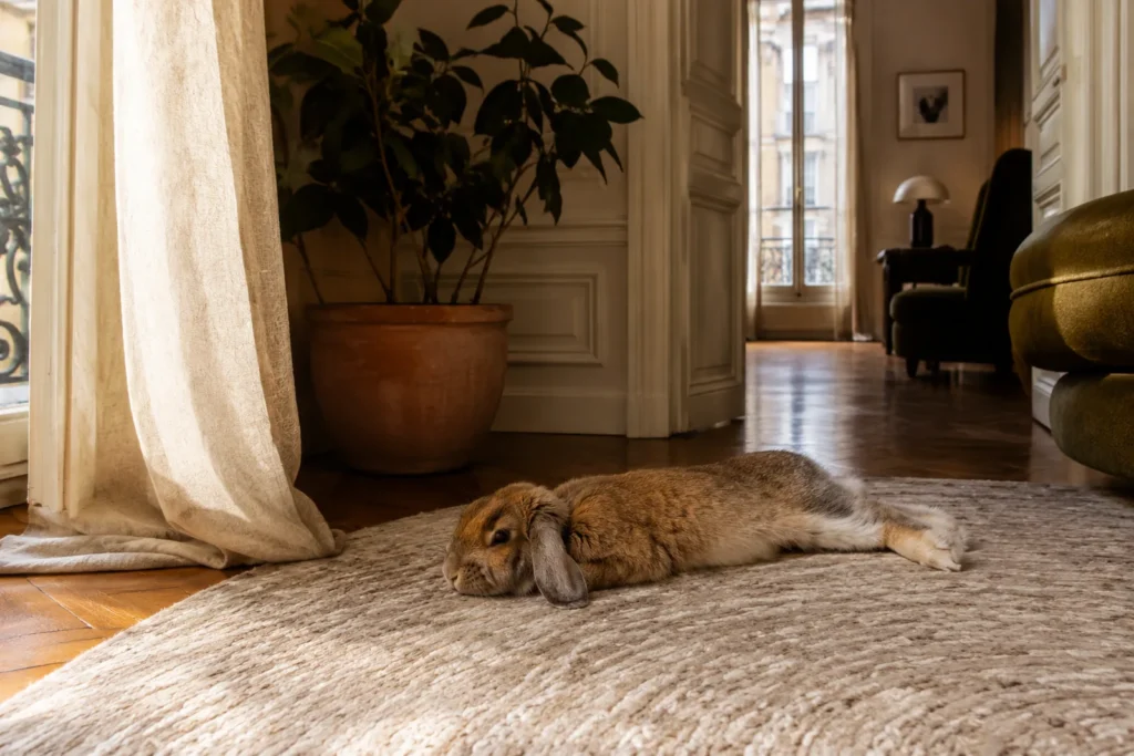 Un lapin étiré, détendu sur un tapis dans un vaste appartement haussmannien
