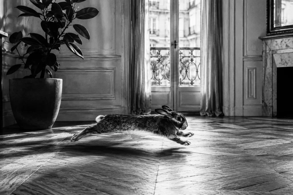 Un lapin en plein bond dans un appartement haussmannien, preuve de l'espace dont il a besoin