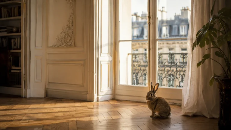 Un lapin observe la fenêtre d'un appartement haussmannien parisien, lumière chaude du matin
