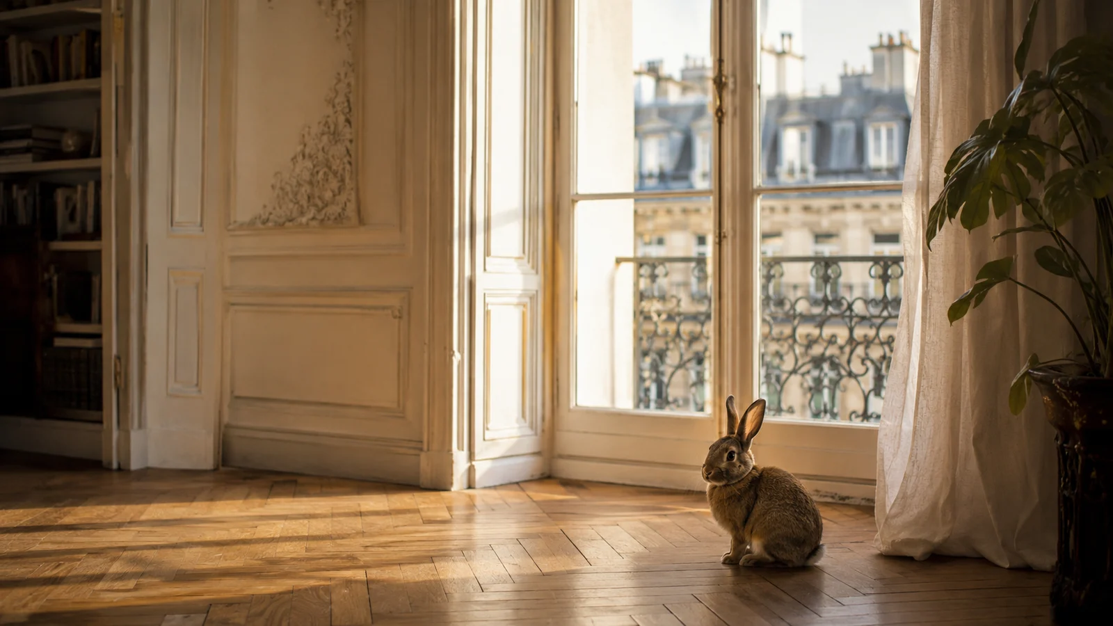 Un lapin observe la fenêtre d'un appartement haussmannien parisien, lumière chaude du matin