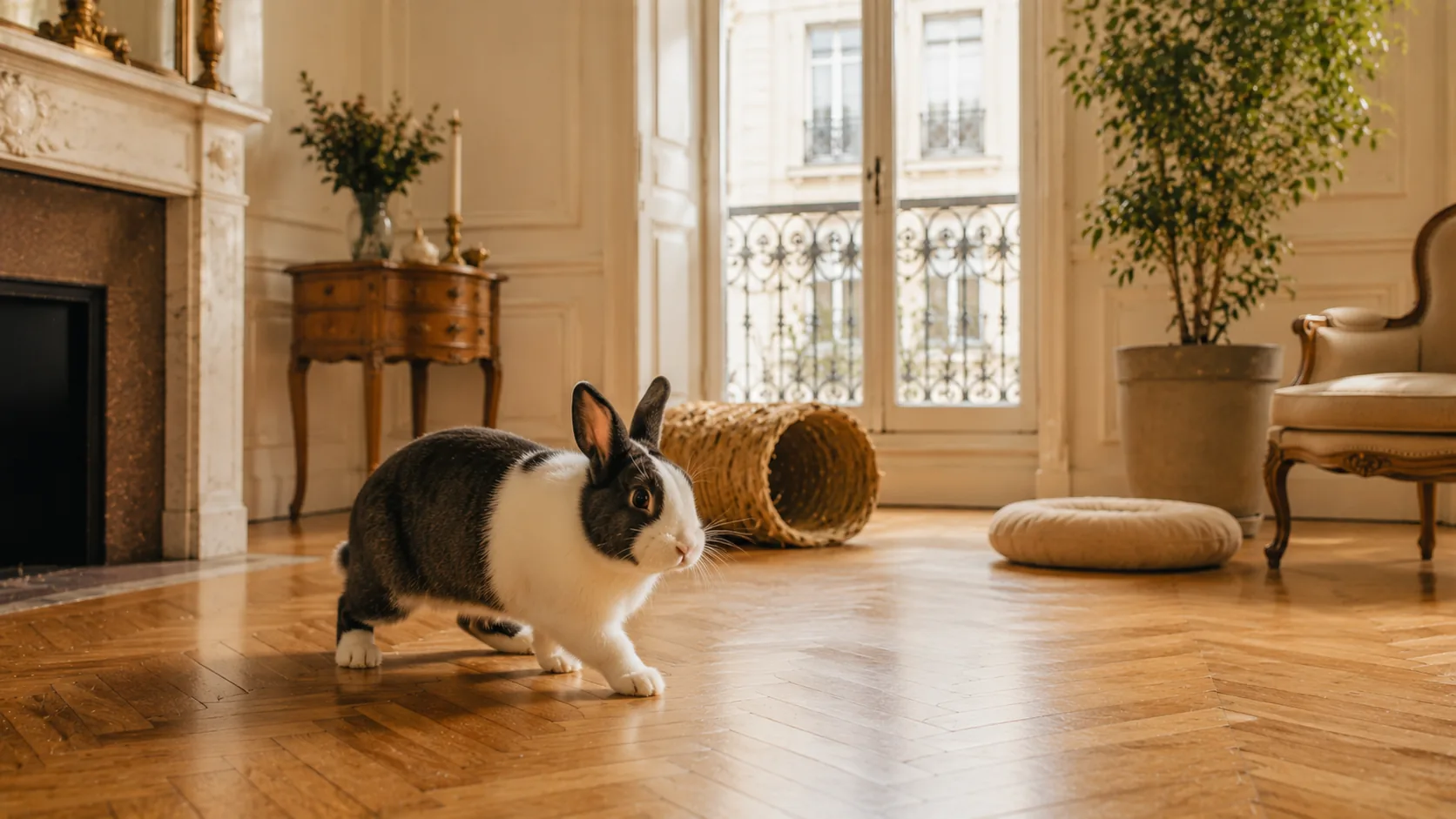 Lapin noir et blanc assis près d'un tas de foin sur un parquet haussmannien
