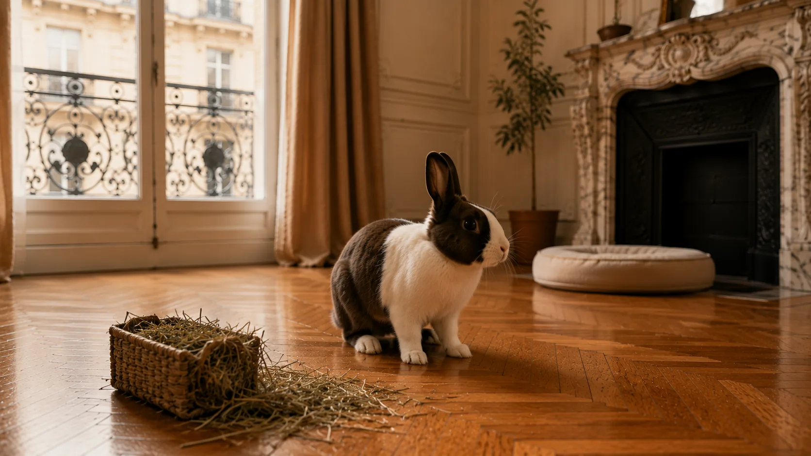 Lapin noir et blanc en boule près de sa gamelle et d'un tas de foin dans un salon haussmannien, lumière chaude