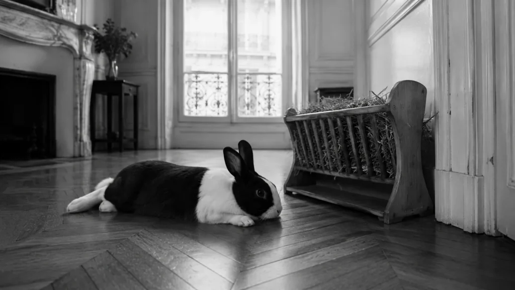 Gros plan noir et blanc du museau d'un lapin détourné d'un tas de foin