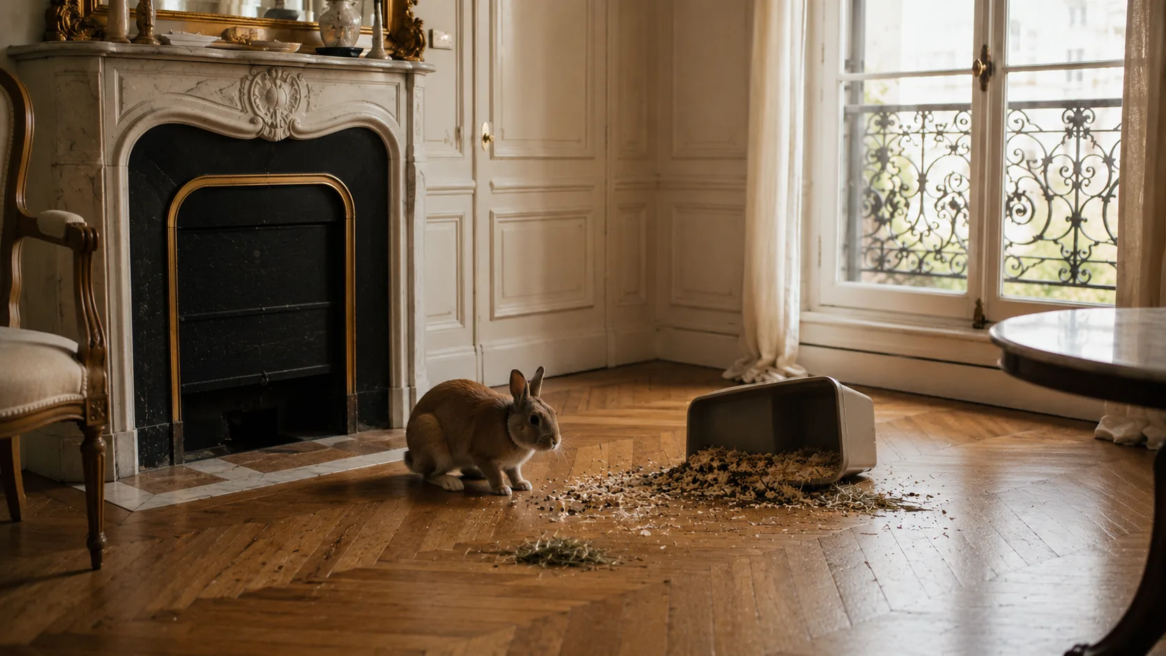 Lapin assis près de son bac à litière dans un coin d'appartement haussmannien