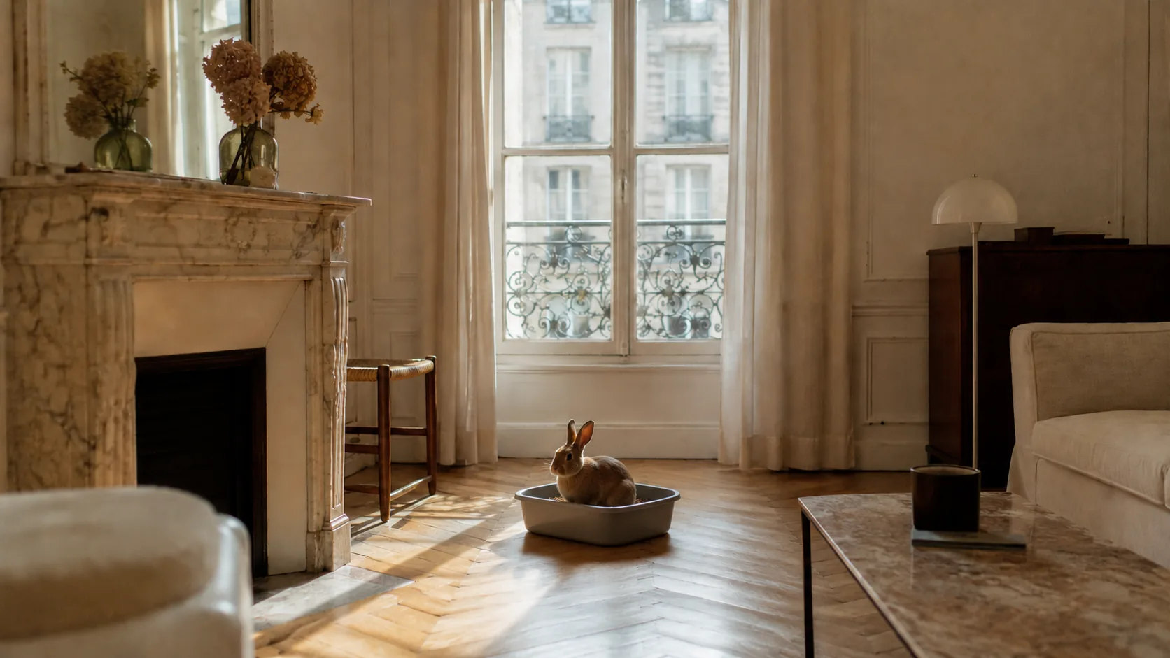 Lapin détendu allongé près de son bac propre, salon haussmannien