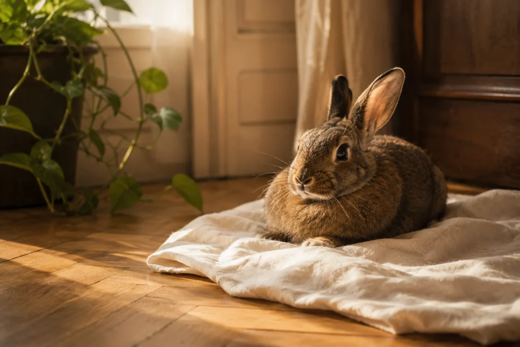 Un lapin détendu se repose sur un plaid de lin dans la lumière chaude d'un appartement haussmannien