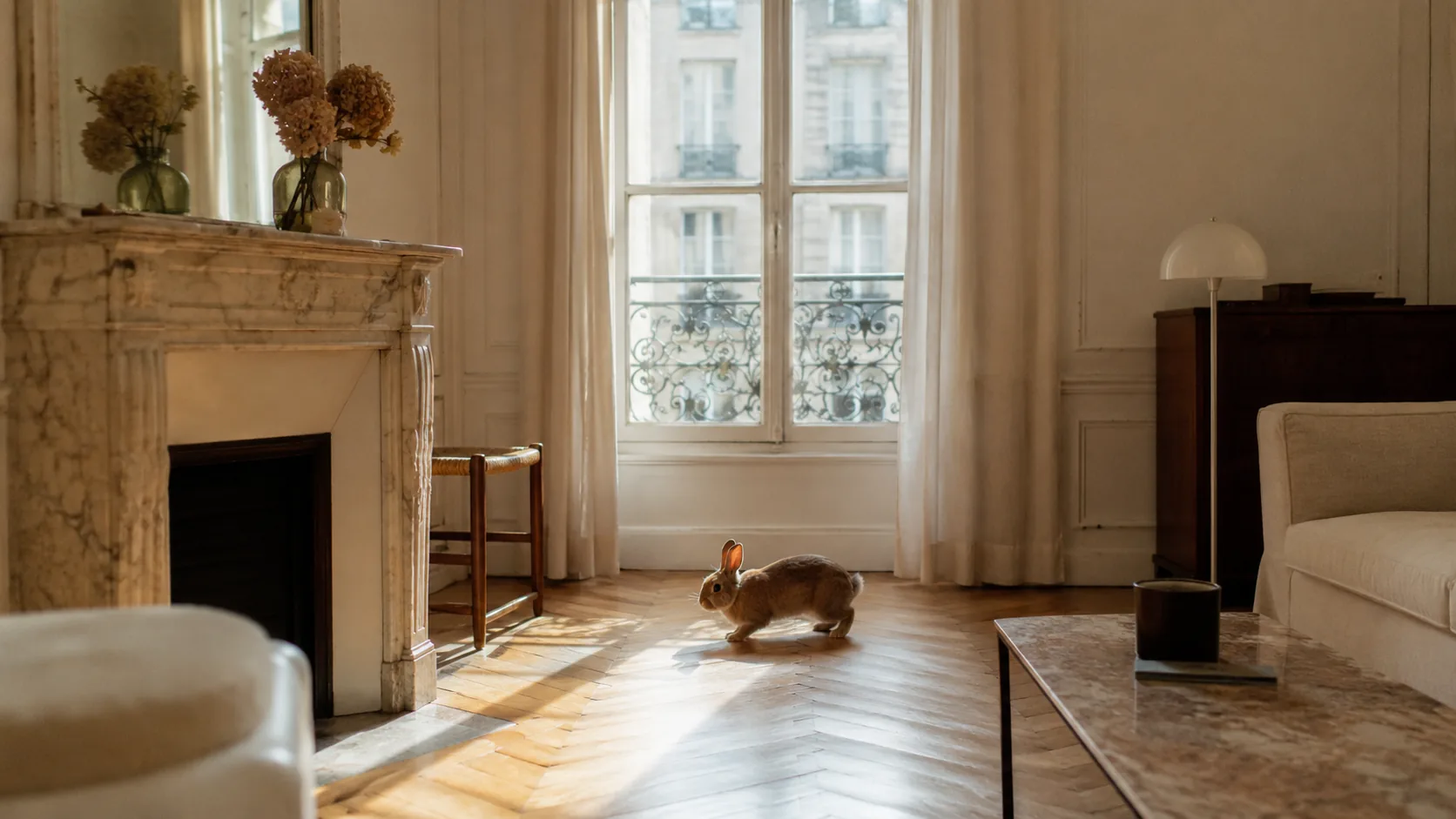 Lapin détendu à découvert au milieu d'une pièce claire, confiance revenue