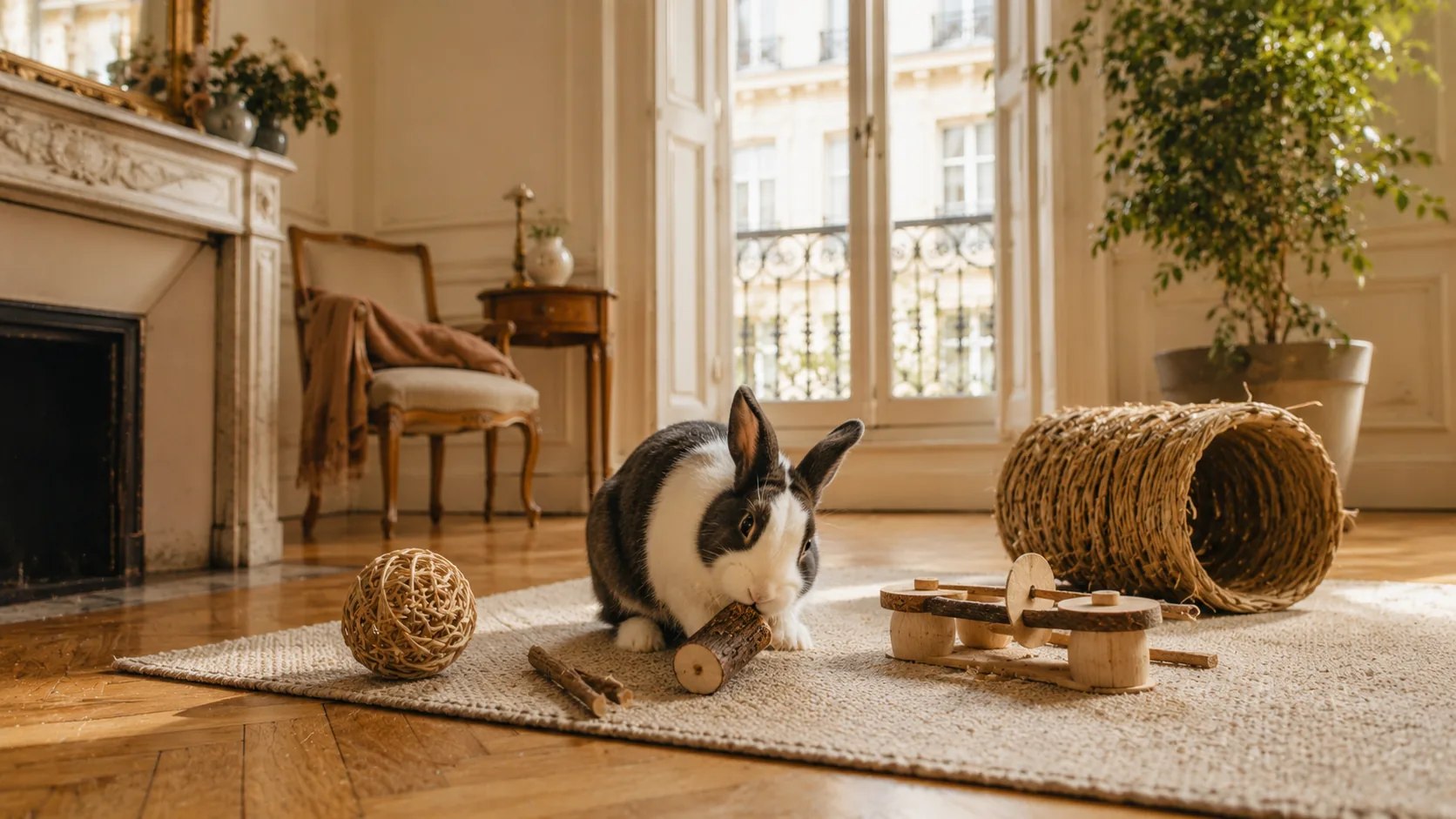 Lapin détendu rongeant un morceau de bois près d'une plinthe dont les câbles sont gainés et hors de portée, lumière chaude
