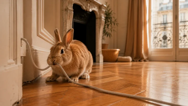 Un lapin qui ronge un câble électrique dans un salon haussmannien