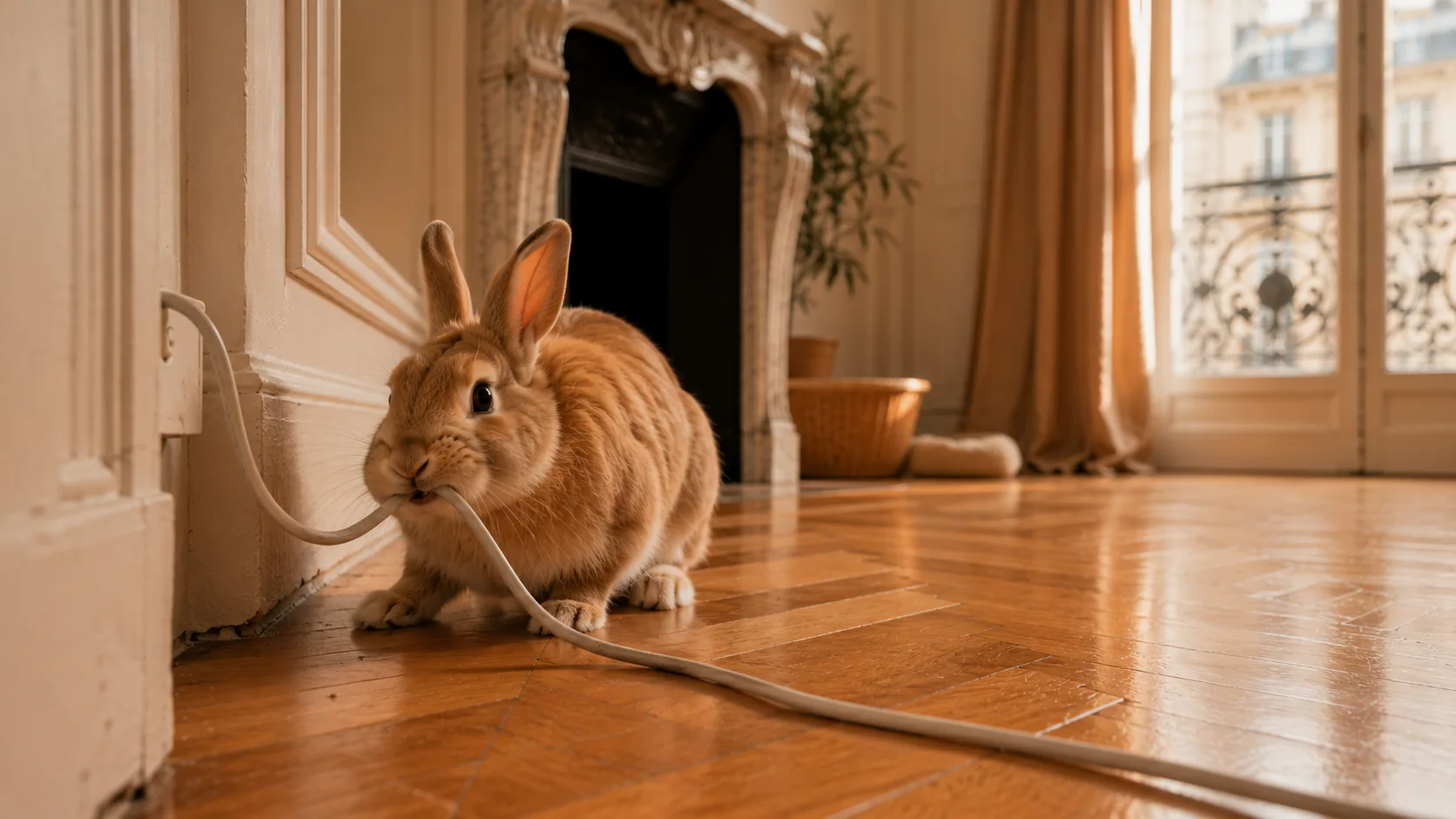 Lapin noir et blanc assis sur un tapis clair dans un salon, lumière dorée du soir