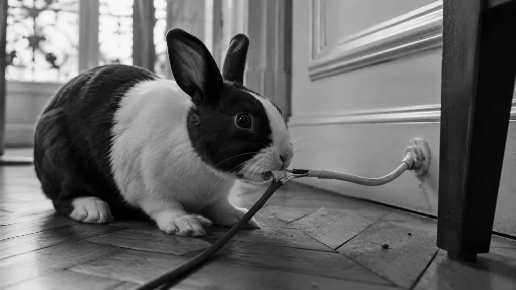 Gros plan noir et blanc des dents d'un lapin rongeant la gaine d'un câble électrique dénudé