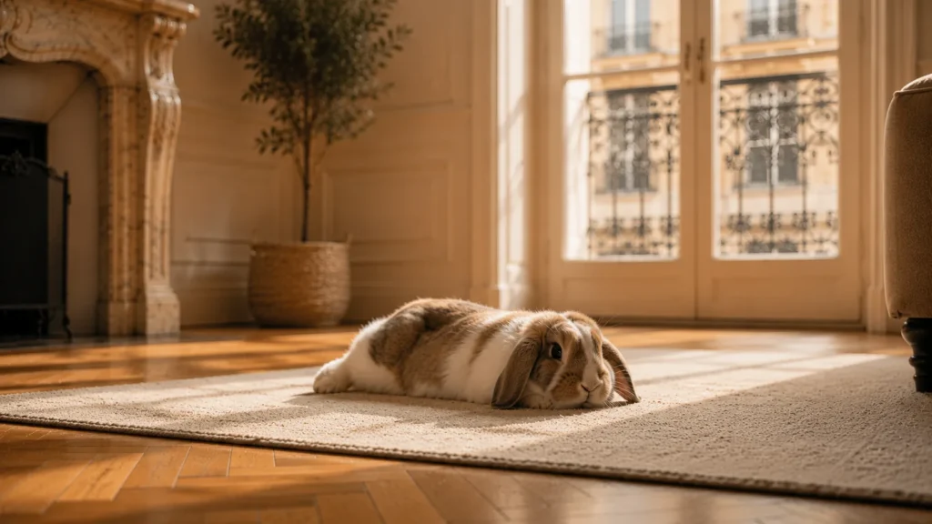 Lapin apaisé la nuit près d'une fenêtre éclairée par la lune, appartement calme