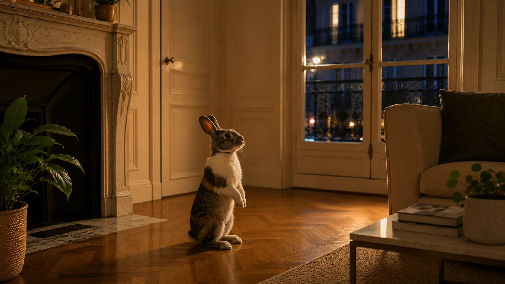 Lapin noir et blanc couché sur un tapis en fibres, lumière dorée d'une fenêtre
