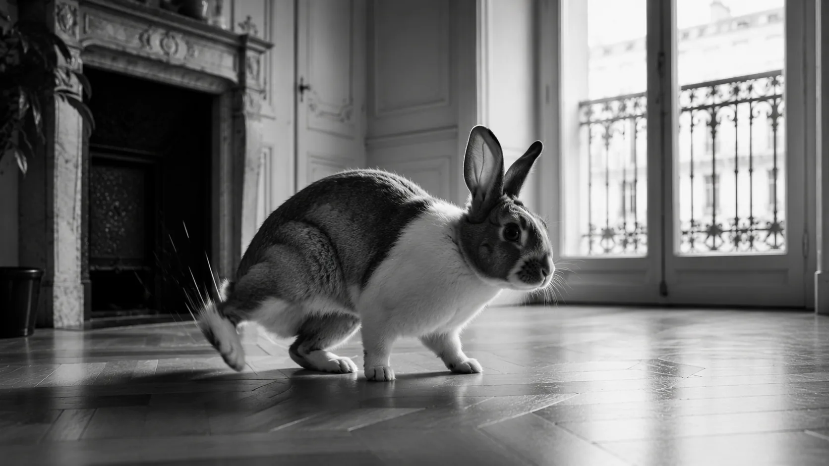 Gros plan noir et blanc de la patte arrière levée d'un lapin sur le point de frapper le sol