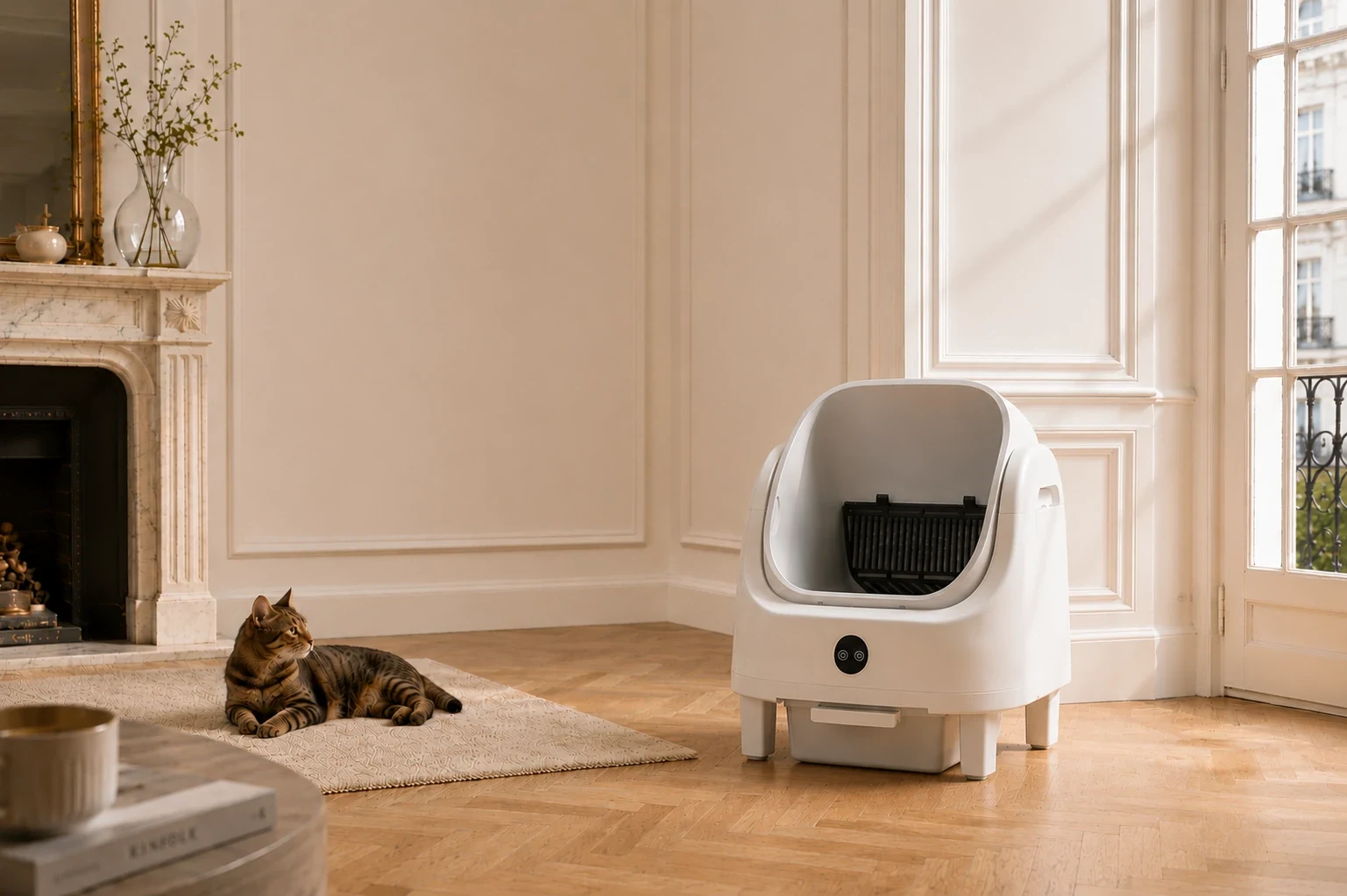 Litière automatique compacte blanche dans un salon haussmannien lumineux, avec un chat tigré allongé sur un tapis près de la cheminée