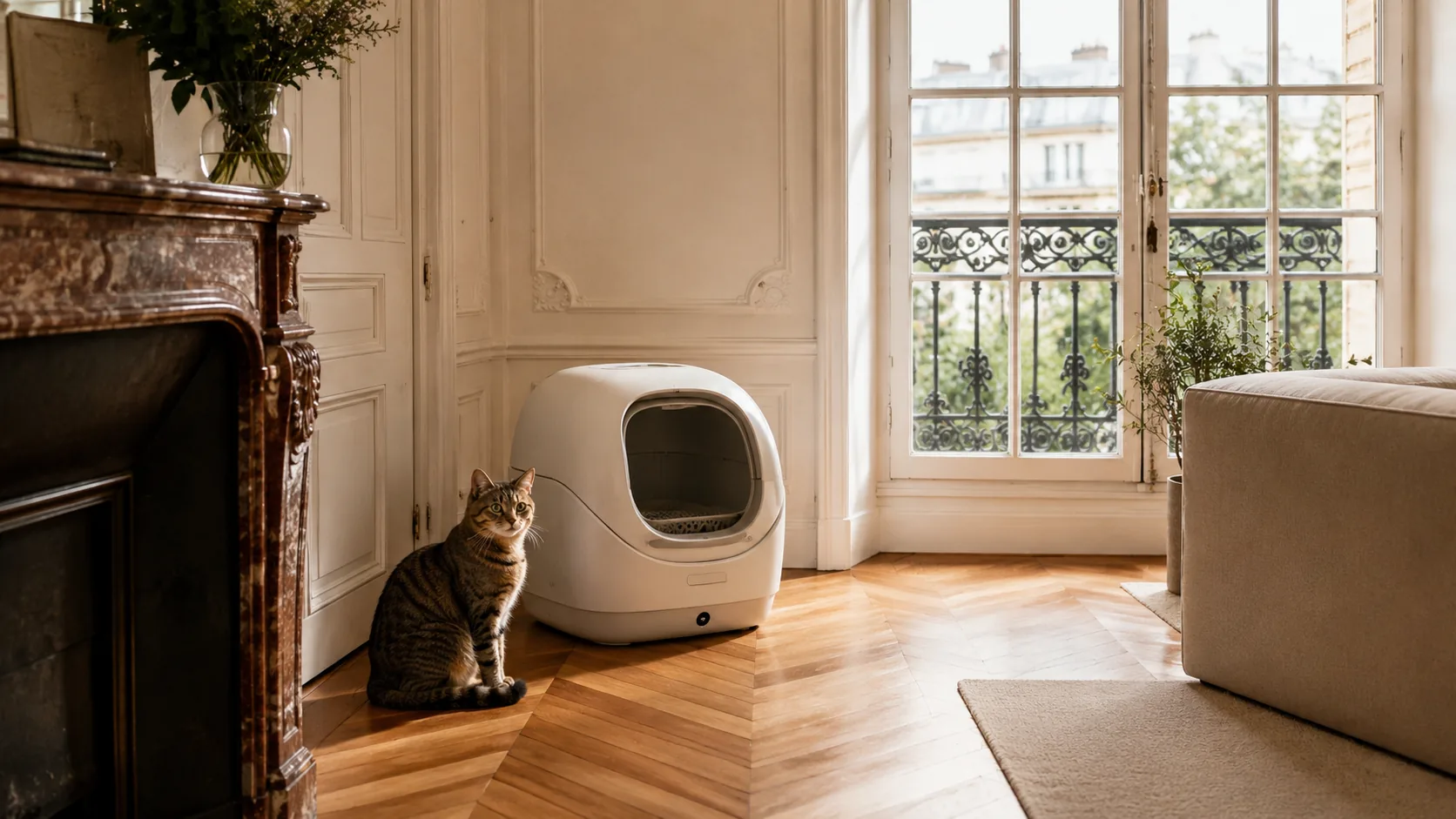 Robot-litière autonettoyante fermé posé dans un salon d'appartement, chat à proximité