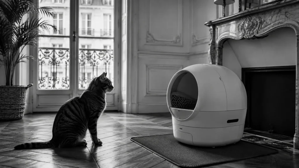 Robot-litière autonettoyante fermé en fonctionnement dans un salon d'appartement, chat qui observe le cycle, noir et blanc