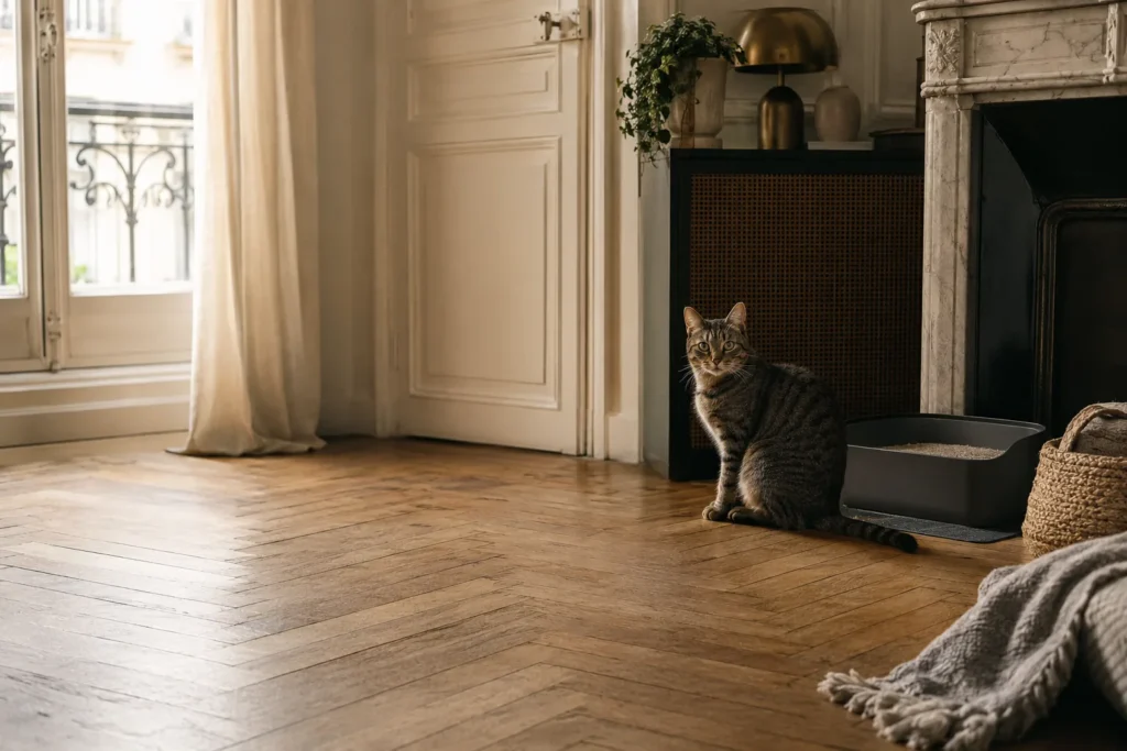 Chat qui utilise sereinement sa litière dans un appartement