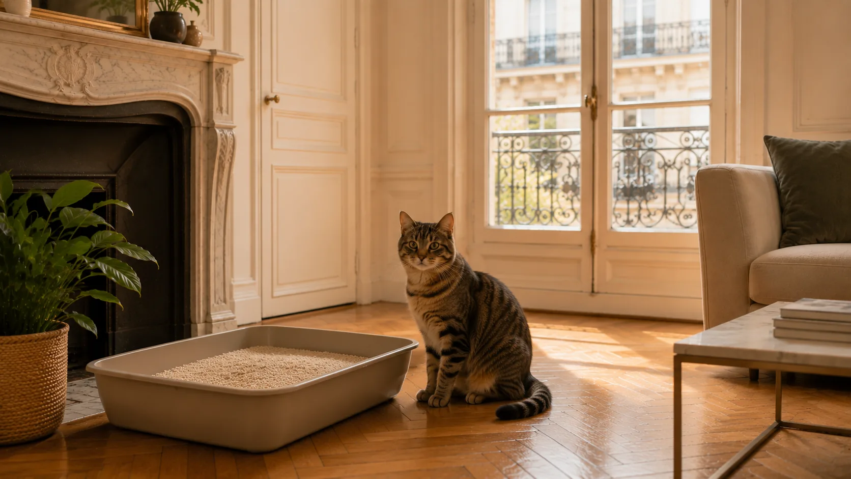 Chat propre à côté d'un bac à litière net dans un salon lumineux d'appartement