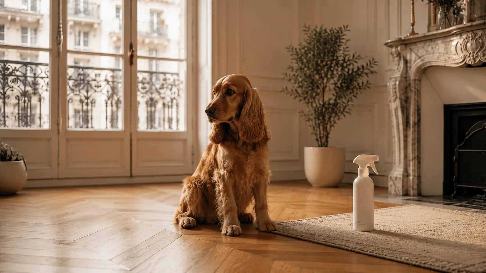 Nettoyant enzymatique appliqué sur un parquet d'appartement après un accident de chien