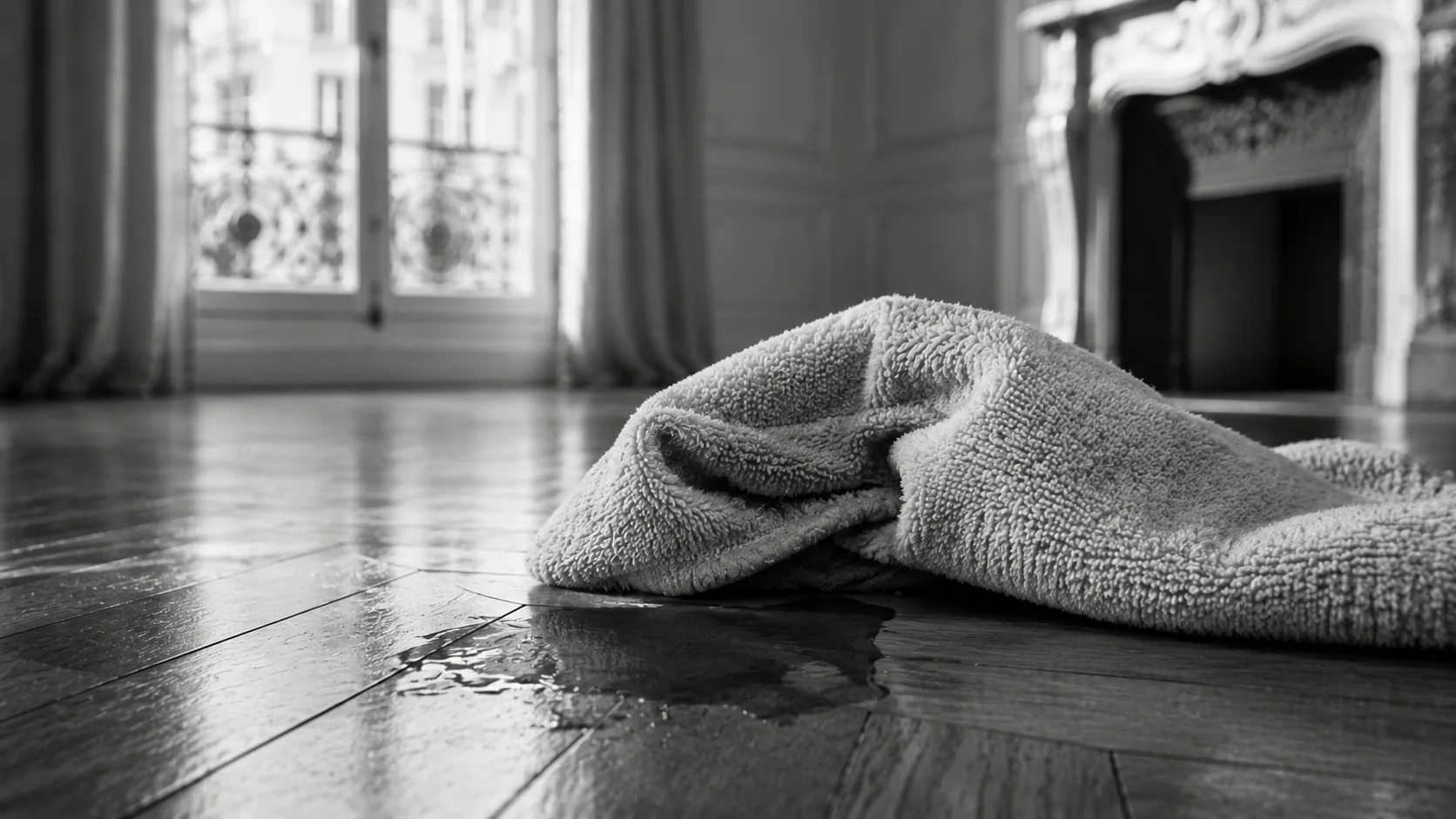 Gros plan en noir et blanc d'une main tamponnant sans frotter une tache sur un parquet d'appartement