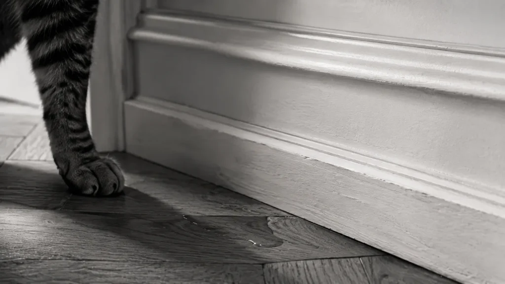 Gros plan noir et blanc d'une flaque sur un parquet près d'une plinthe et de la patte d'un chat