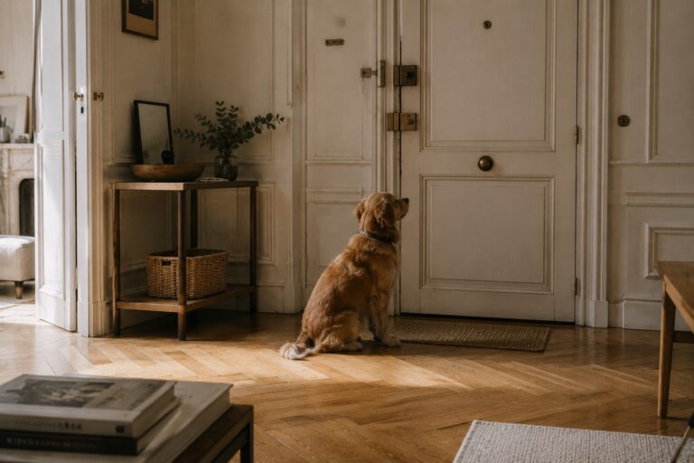 Chien assis face à la porte d’entrée d’un appartement haussmannien