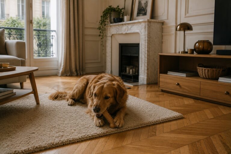 Chien couché sur un tapis mâchant un jouet, salon haussmannien intact
