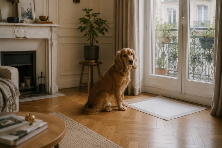 Chien assis près d’une porte-fenêtre avec tapis d’apprentissage, appartement haussmannien