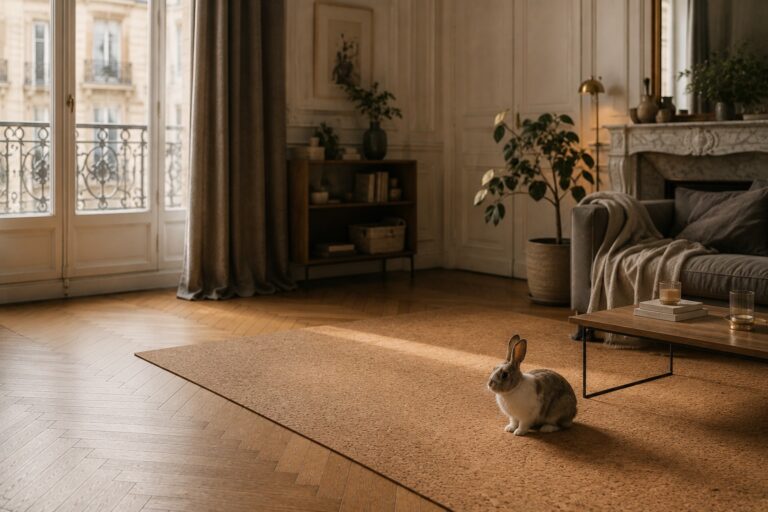 Lapin sur un tapis en liège dans un salon haussmannien, solution acoustique en appartement