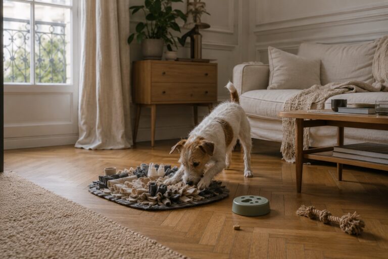 Chien jouant avec un tapis de fouille dans un salon haussmannien
