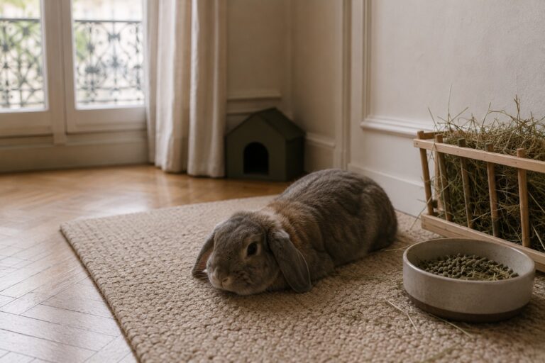 Lapin prostré près d’un râtelier de foin et d’une gamelle, appartement haussmannien