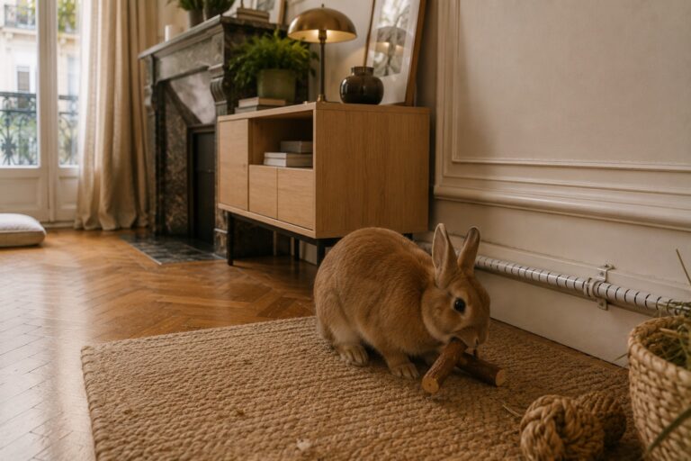Lapin rongeant un jouet en bois, câbles gainés le long de la plinthe, salon haussmannien