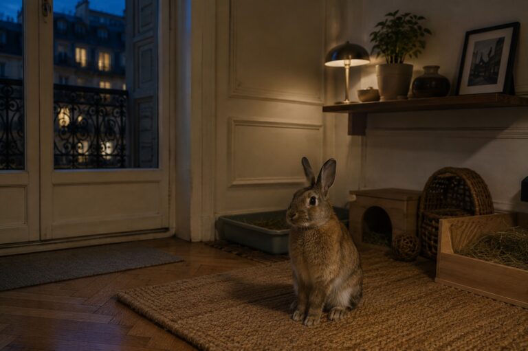 Lapin en alerte la nuit dans son coin de vie, appartement haussmannien