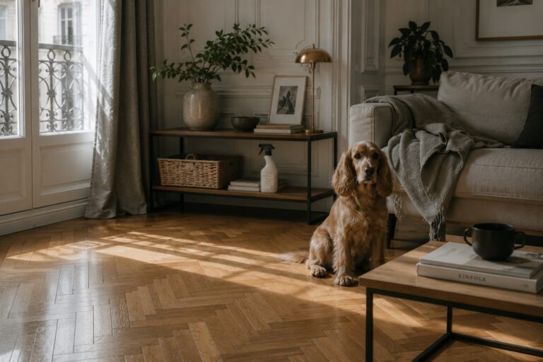 Chien assis dans un salon haussmannien propre, flacon de nettoyant enzymatique sur une étagère