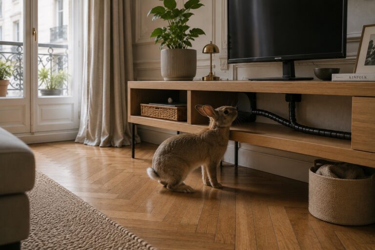 Lapin près d’un meuble TV aux câbles gainés en spirale, salon haussmannien
