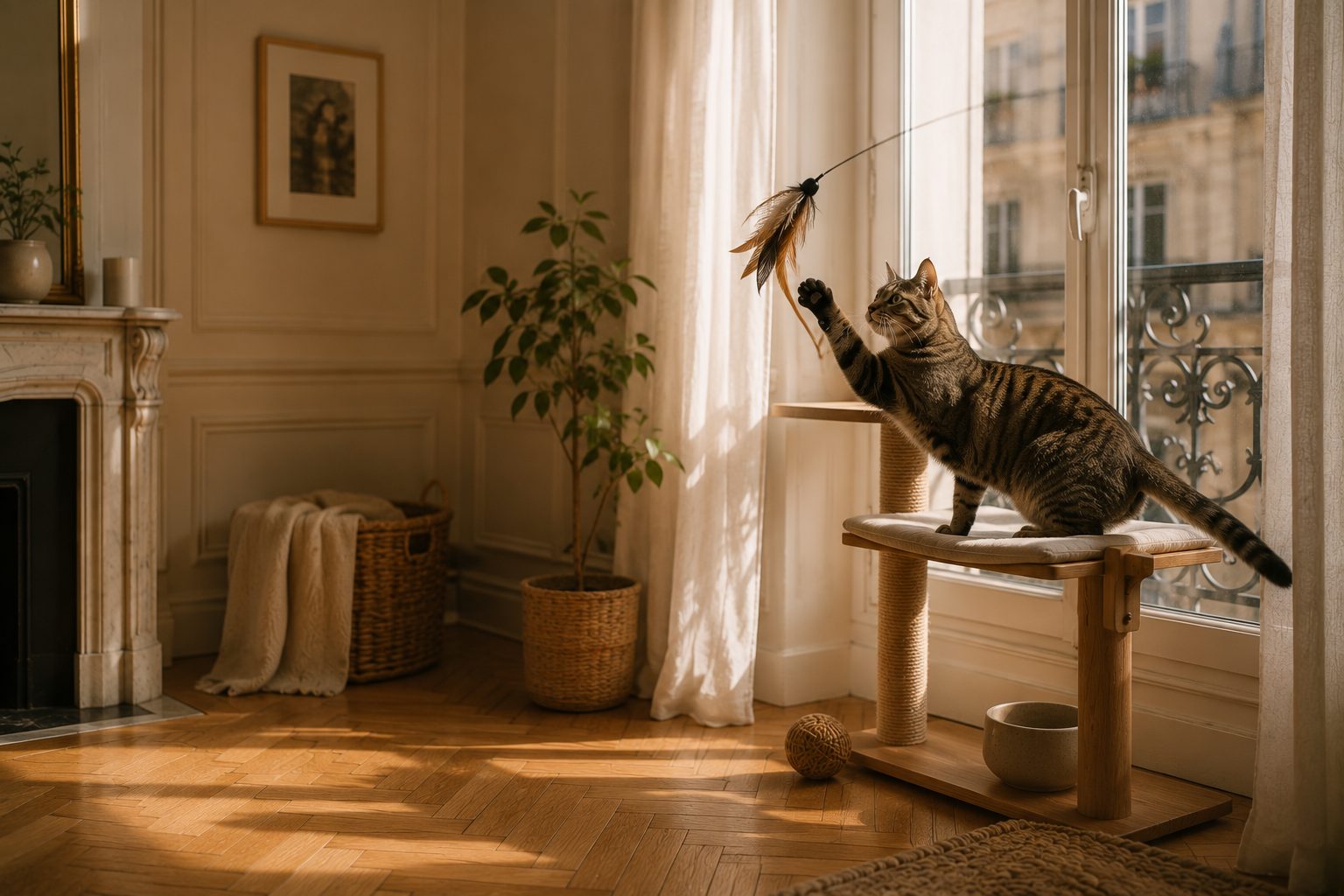 Chat tigré jouant au plumeau sur un arbre à chat près d'une fenêtre, appartement haussmannien lumineux