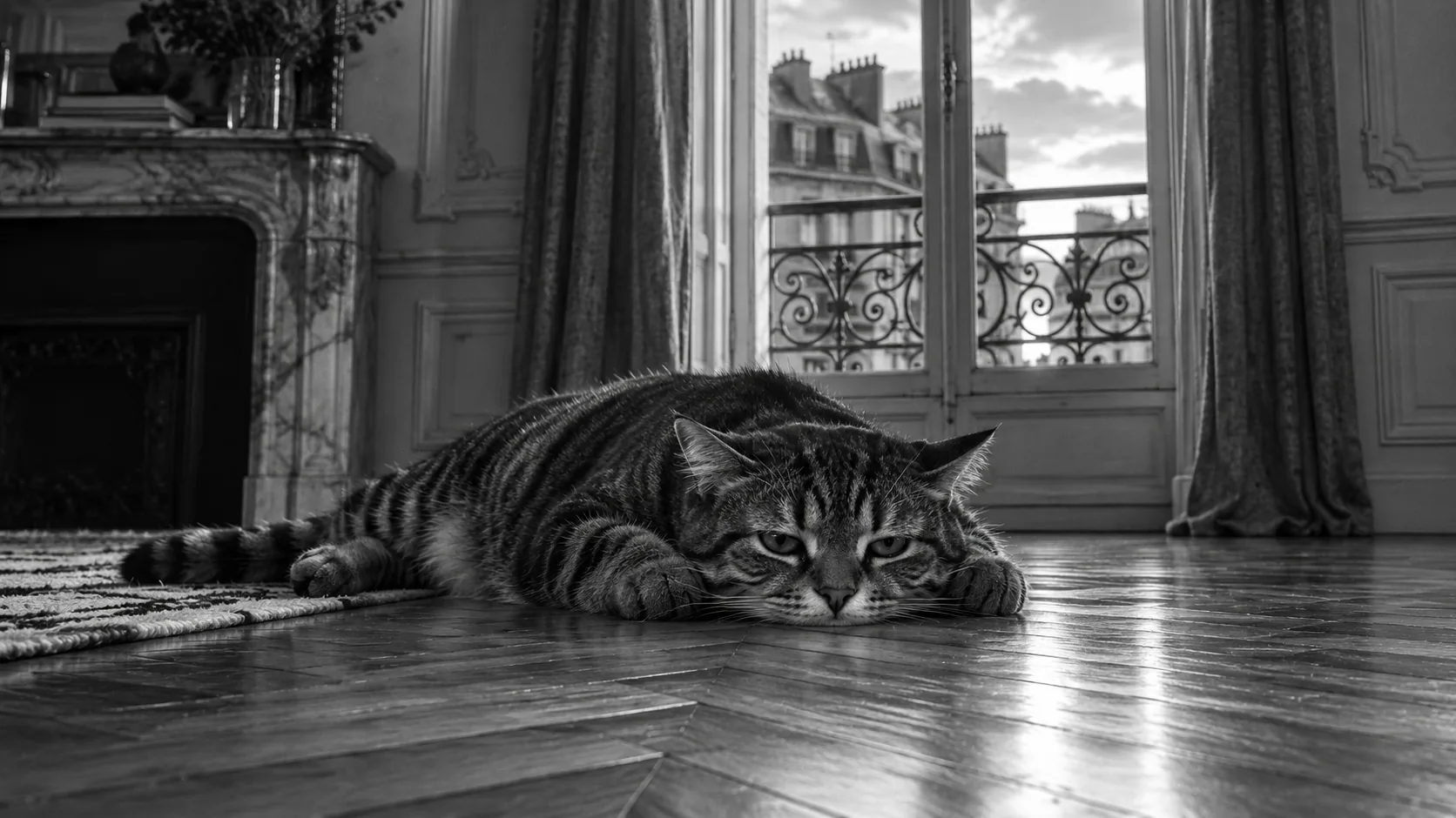 Un chat tigré affalé sur le parquet devant une fenêtre, regard las — l'ennui du chat d'intérieur, noir et blanc