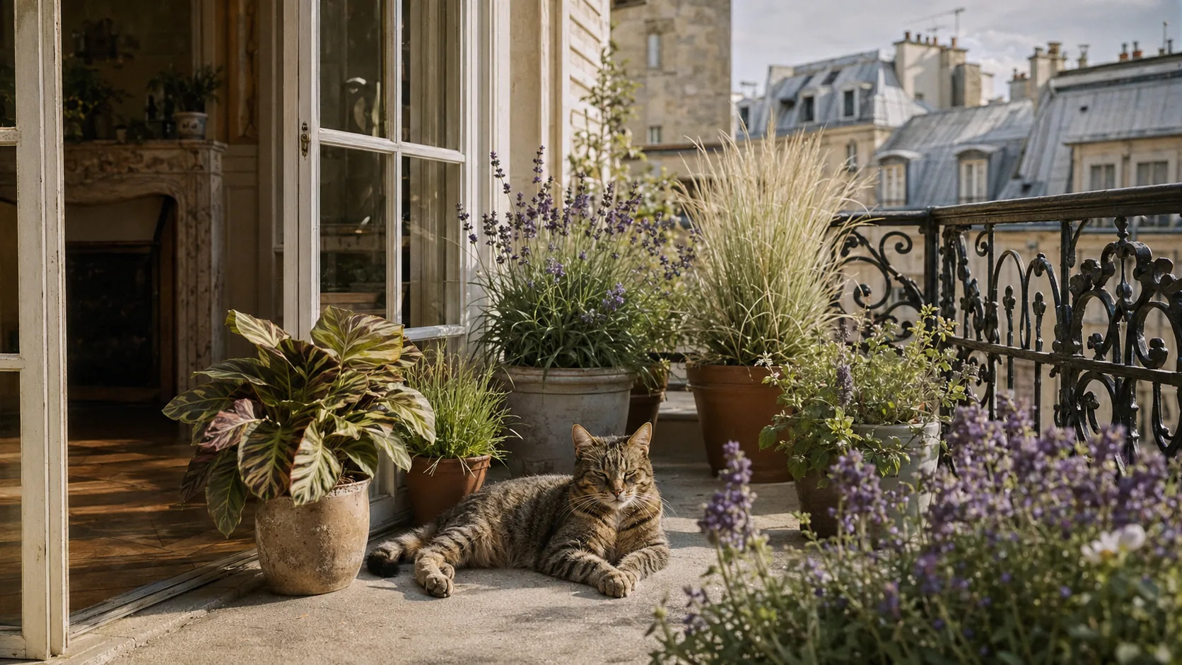 Un chat détendu sur un balcon fleuri et sécurisé, entouré de plantes sans danger
