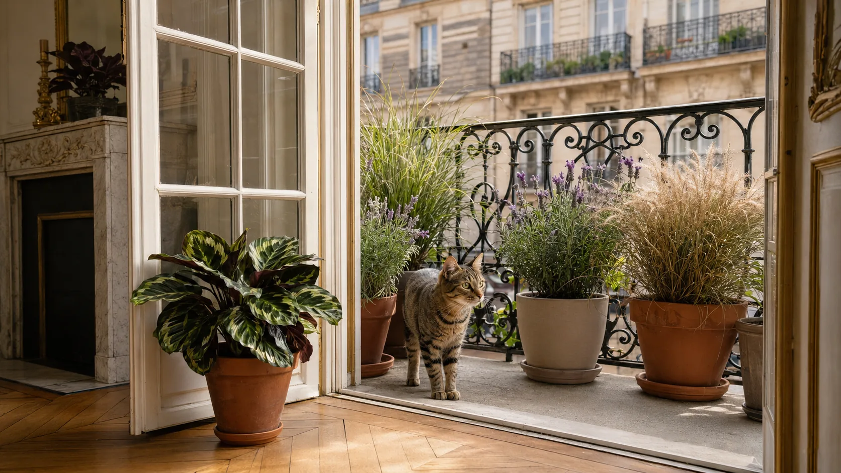 Chat serein sur un balcon haussmannien garni de plantes non toxiques, aromatiques et graminées ornementales