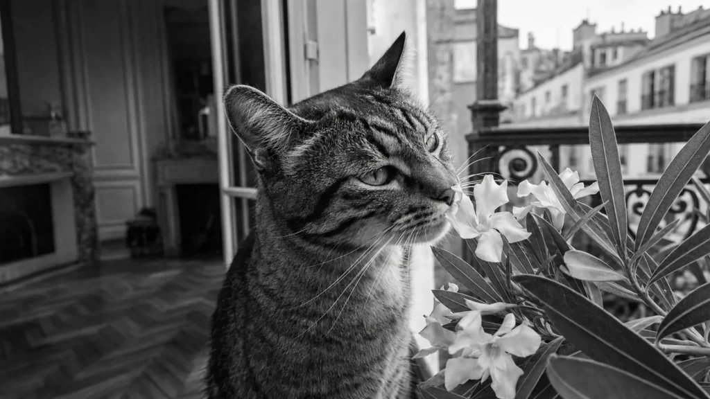 Un chat qui renifle un laurier-rose sur un balcon, plante toxique, noir et blanc
