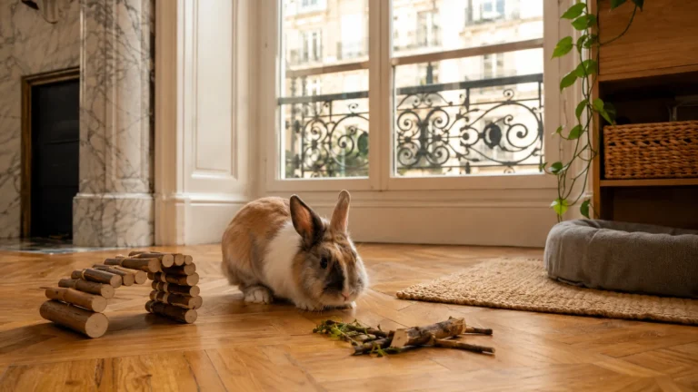 Un lapin en liberté avec des jouets à ronger en bois, câbles rangés, salon haussmannien