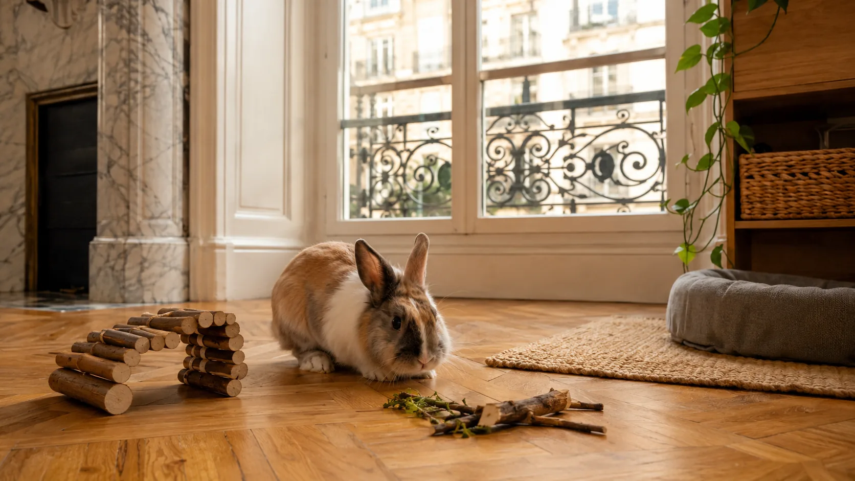 Lapin nain en liberté surveillée dans un salon, câbles protégés par une gaine rigide, bois à ronger posé au sol
